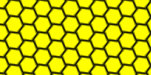 Abstract golden yellow seamless honeycomb pattern with hexagonal beehive shapes and texture. Black Hexagonal Pattern Metallic background. Creative idea for medical, technology or science design. 3d