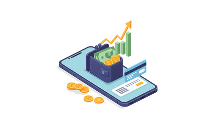 Obraz premium Digital Finance Investment Concept Illustration with Smartphone Wallet and Growing Graph