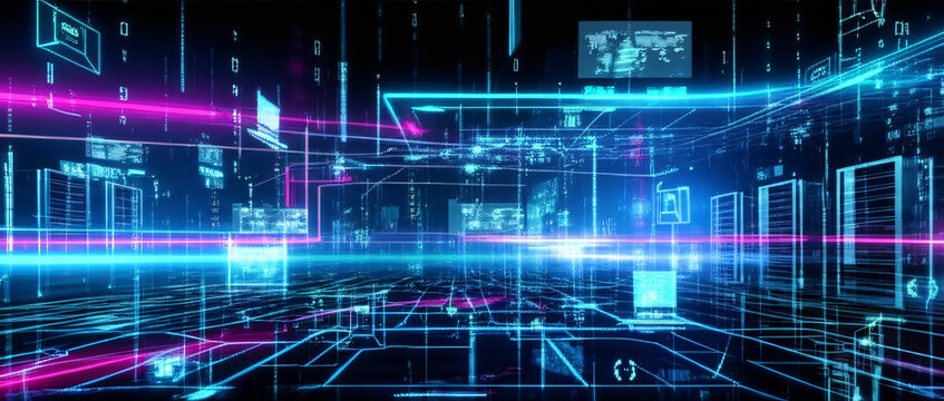 Futuristic digital cityscape with glowing neon lines and data streams, representing technology and connectivity.