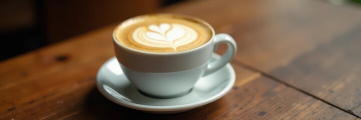 Latte's frothy top, wooden table's grain visible , winter, home, breakfast