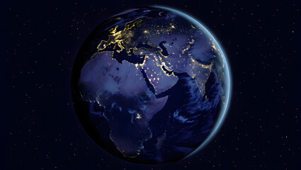 Fototapeta premium Night View of Earth: Illuminated cities and continents glow against the dark expanse of space, depicting the world at night and emphasizing the beauty and wonder of our planet.