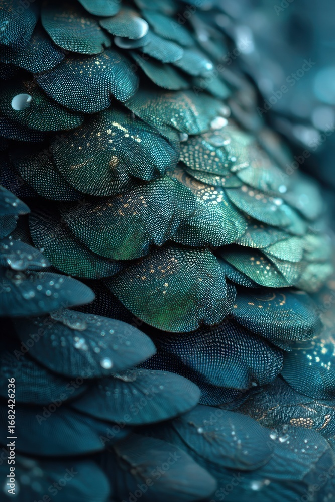 Poster close-up of textured layers resembling scales with vibrant colors and detail