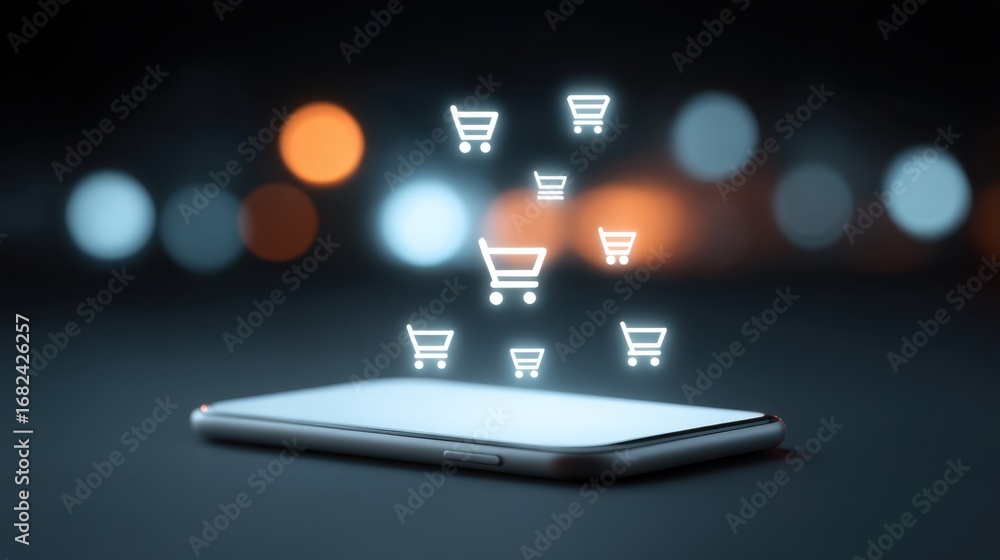 Poster Smartphone Displaying Shopping Cart Icons in a Digital Environment with Bright Background Bokeh Effect for E-commerce and Online Shopping Concepts