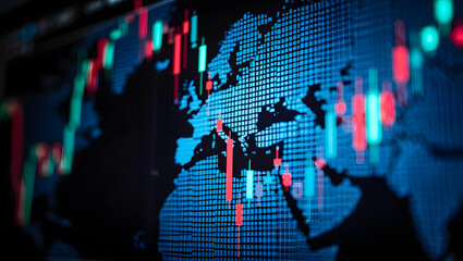 Global Financial Landscape: A vivid display showcases an intricate world map overlaid with dynamic financial data, capturing the essence of global finance and market activity.