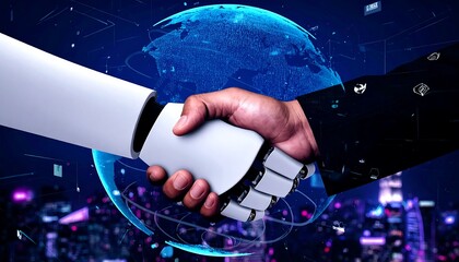 Futuristic robot and human handshake against a digital globe background