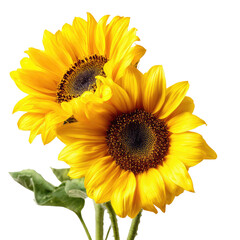 Obraz premium Two vibrant sunflowers, close-up, against a black backdrop. Bright yellow petals, dark brown centers. Green leaves visible