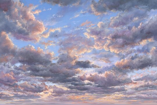A painted sky filled with clouds of pink, grey, and blue hues at sunset