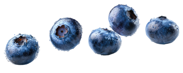 Close-up of five fresh, vibrant blueberries, slightly out of focus