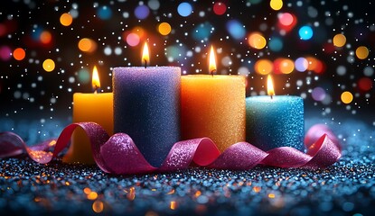 Four lit glitter candles with purple ribbon and bokeh lights sparkle