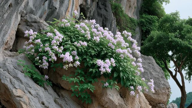 Flowering plant with light purple blossom growing on rocky cliff with green tree and nature under cloudy sky background