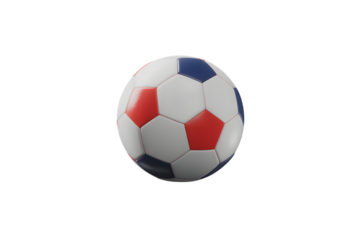A classic black and white soccer ball with red and blue hexagonal panels presented as an isolated object on a transparent background symbolizing sport and competition