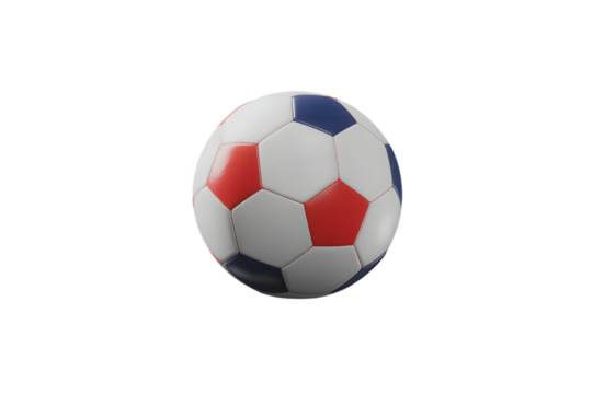A classic black and white soccer ball with red and blue hexagonal panels presented as an isolated object on a transparent background symbolizing sport and competition 