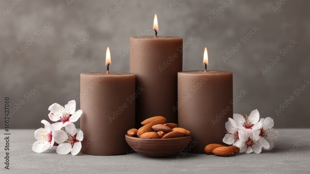 Poster aromatic brown candles with almonds and flowers creating a tranquil and serene atmosphere for relaxa