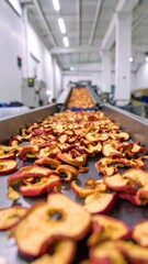 Dried fruit on conveyor belt in factory