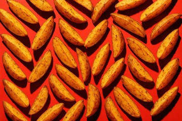 Abstract food background with baked potato wedges arranged in creative diagonal pattern on vibrant red surface. Golden crispy potato slices as tasty snack or fast food concept for culinary design.