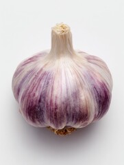 Overhead Closeup of Single Purple and White Striped Garlic Bulb on White Background