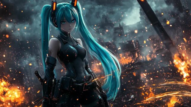 Futuristic warrior stands amidst a fiery battlefield, showcasing strength and resilience in a dystopian setting