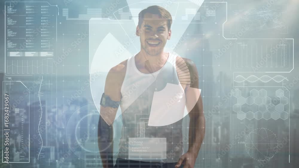 Poster animation of data processing over caucasian man smiling and cityscape
