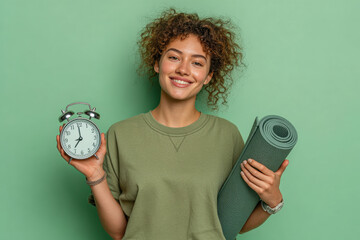 Cheerful young woman holds an alarm clock and yoga mat against a green background. Concept of healthy lifestyle, workout routine and time management