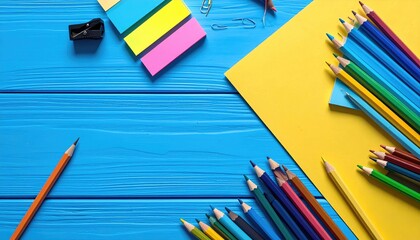 Top-down view of colorful pencils, sticky notes, and paper clips on a vibrant blue wooden surface. Flat lay