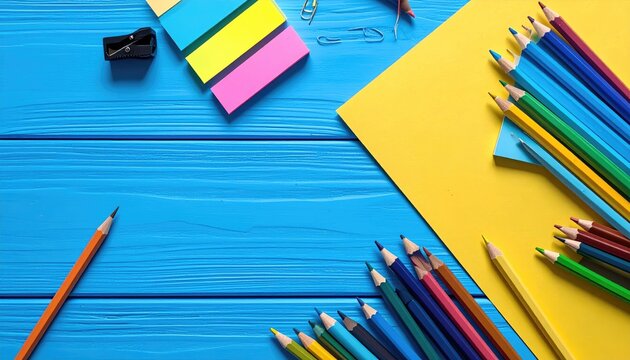 Top-down view of colorful pencils, sticky notes, and paper clips on a vibrant blue wooden surface. Flat lay - Powered by Adobe