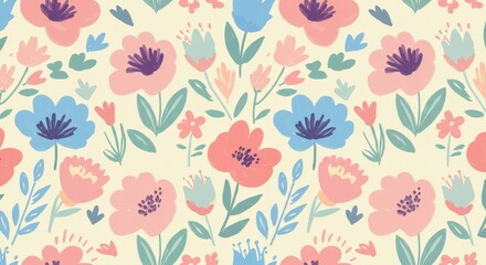 Watercolor Floral Pattern: Pink Blue and Green Flowers.