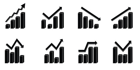 Vector silhouettes of a set of colorful 3D bar charts with arrows, business growth and decline icons, financial and statistical infographic design, isolated on a white background