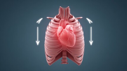 3D Render of Human Heart and Lungs with Arrows Indicating Blood Flow and Breathing Process in a Fully Detailed Anatomical Illustration