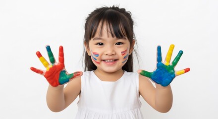 Happy child playfully displays vibrant paint handprints against a bright white background. AI Generated