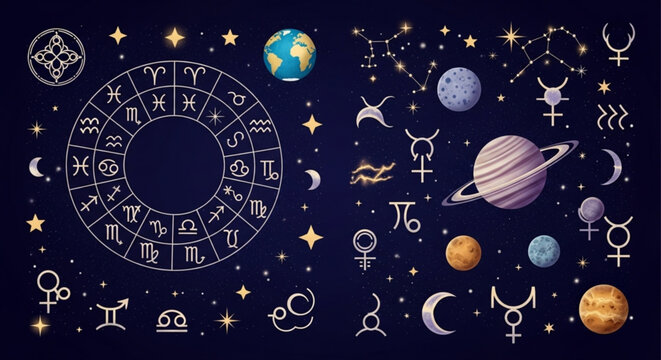 Astrology chart and zodiac signs illustration for horoscope reading and celestial predictions and guidance