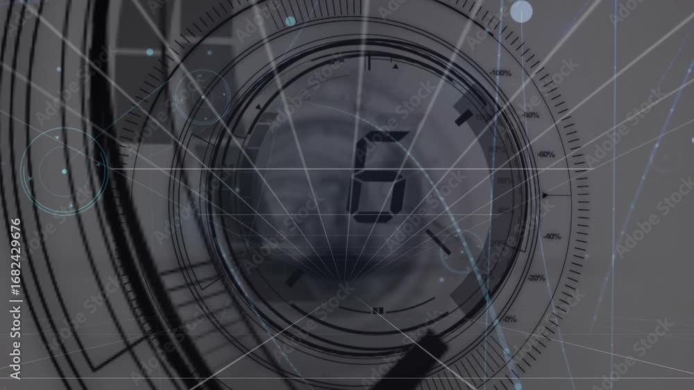 Fototapete animation of network of connections and scope scanning with countdwon on white background