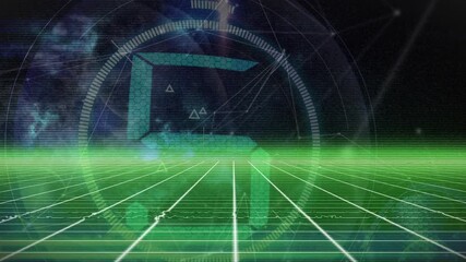 Animation of network of connections and scope scanning with countdown on black background - Powered by Adobe