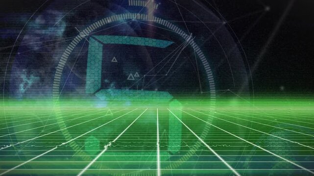 Animation of network of connections and scope scanning with countdown on black background - Powered by Adobe