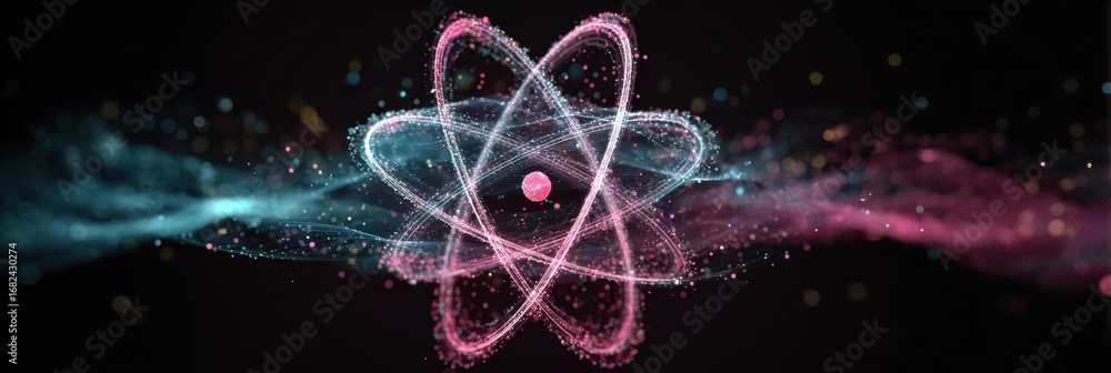 Poster digital representation of an atom featuring swirling particles in vibrant colors illustrating scient