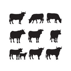 Cow silhouette set, cow silhouette vector set, farm cow set
