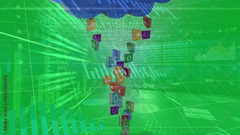 Poster animation of media icons and hand over data processing