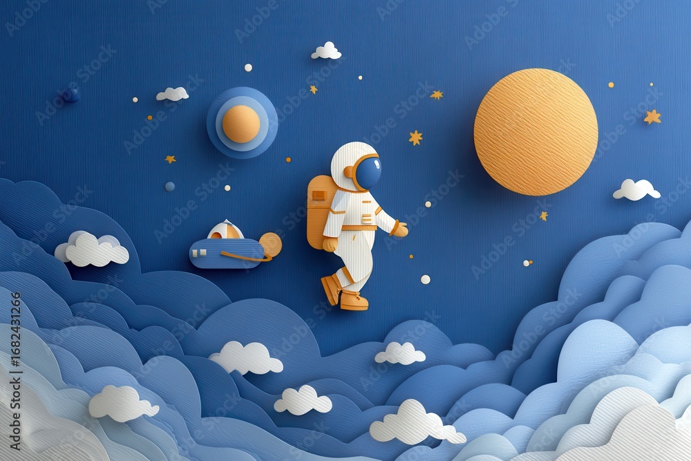 Poster paper-cut astronaut floating in space with planets and clouds around