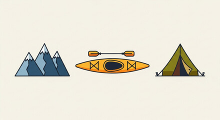 Camping and outdoor adventure vector illustration with kayak mountains and tent for nature enthusiasts