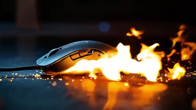 A computer mouse on fire on the ground
