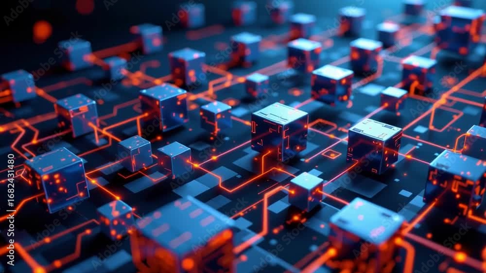Poster futuristic circuit board blue cubes digital network technology abstract electronic innovation modern