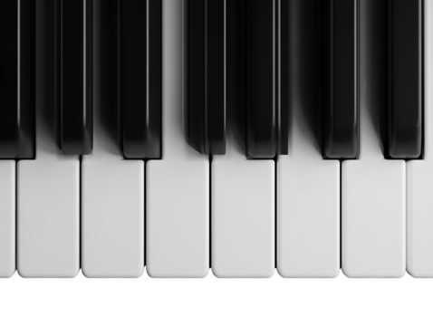 Front View Close-Up of Classic Piano Keys in Black and White, Isolated on Transparent Background