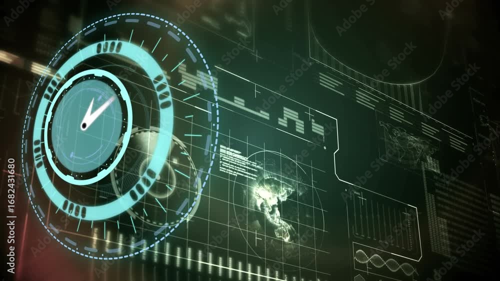 Aufkleber animation of clock moving over data processing on black background