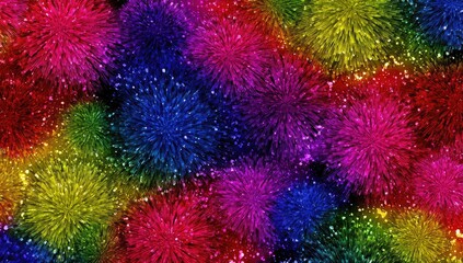 A vibrant display of colorful, textured, radiating pom-poms, filled with rainbow hues and sparkling details.