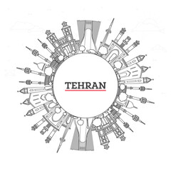 Outline Tehran Iran City Skyline with Modern and Historic Buildings Isolated on White. Illustration. Teheran Persia Cityscape with Landmarks and copy space.