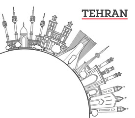 Outline Tehran Iran City Skyline with Modern and Historic Buildings Isolated on White. Illustration. Teheran Persia Cityscape with Landmarks and copy space.