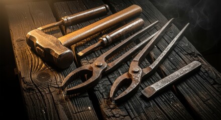 Antique blacksmith tools including hammer, tongs, and chisels resting on a weathered wooden surface