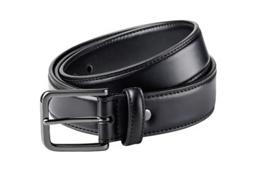 Elegant black leather belt with polished silver buckle, sophisticated men's formal wear, isolated on a transparent background