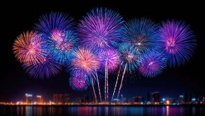 Vibrant fireworks burst over a city skyline at night, showcasing a dazzling display of colorful explosions.