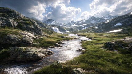 Mountain Stream With Snowcapped Peaks