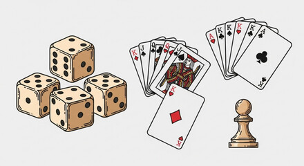 Casino games illustration featuring dice, playing cards, and chess pawn for gambling and game design use